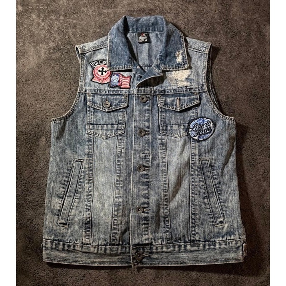 Southpole Premium Mens Denim Vest Medium Blue Distressed Biker Patches Trucker